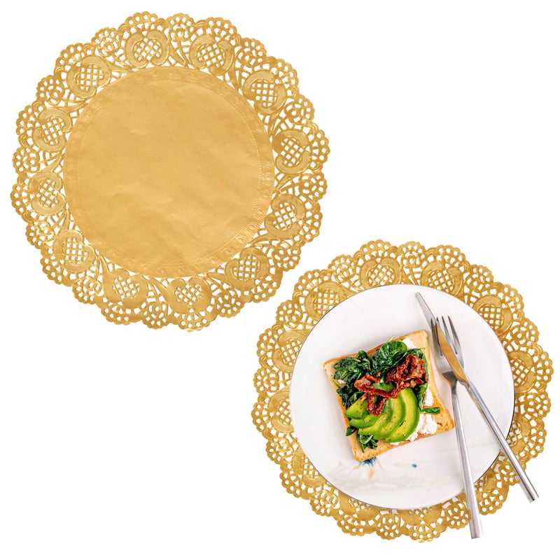 AMKOSKR 100 Pcs 12 Inch Round Lace Gold Paper Doilies Gold Foil Paper Placemats Doily Pad for Cakes Crafts Party Weddings Tableware Decor - Image 3